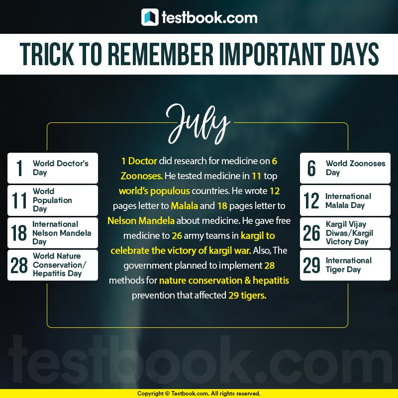 Testbookdotcom's tweet photo. #Trick to Remember Significant days from #July 

 #events #testbooktricks #ThisDayInHistory #ThisDayThatYear #OnThisDay #calendar https://t.co/l3JLScnK7D