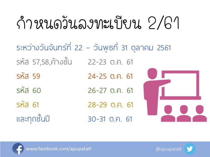 AjSupatatt's tweet photo. กำหนดการ สอบปลายภาค 1/61 และลงทะเบียน 2/61 ครับ #nithed #CMRU https://t.co/SBwVjKQIVb