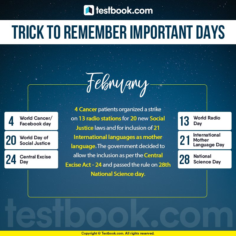 Testbookdotcom's tweet photo. #Trick to Remember Significant days from #February 

 #events #testbooktricks #ThisDayInHistory #ThisDayThatYear #OnThisDay #calendar https://t.co/CkENnmXGvt