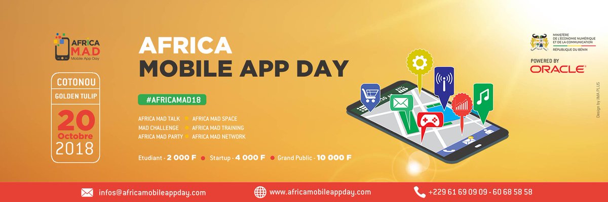 asinbenin's tweet image. Inscrivez-vous dès maintenant pour l'@AfricaAppDay qui se tiendra le samedi 20/10 à Cotonou. #AFRICAMAD18, c'est une journée entière dédiée à la promotion des applications mobiles "Made in AFRICA" avec un focus sur le Bénin.
Infos et pré-inscription=&amp;gt; bit.ly/2QwbZ6X