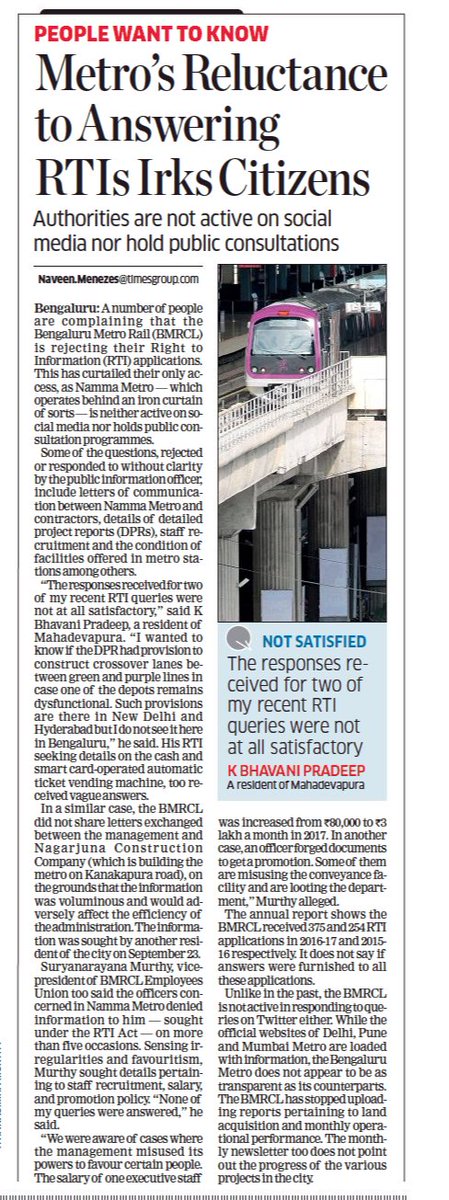 naveenmzs's tweet photo. A number of people are complaining that the BMRCL is rejecting their RTI applications. This has curtailed their only access, as Namma Metro — which operates behind an iron curtain of sorts — is neither active on social media nor holds public consultation programmes. https://t.co/p0lDV8md4K