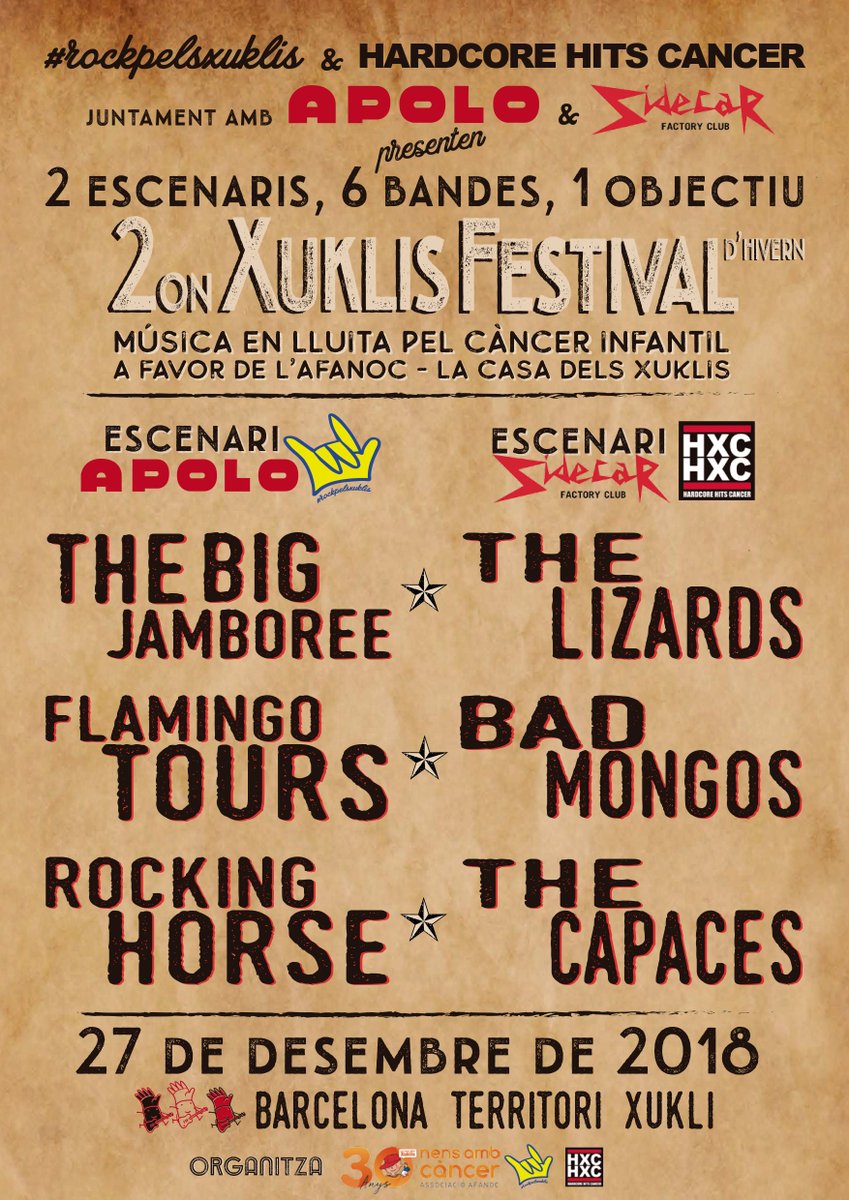 rockpelsxuklis's tweet photo. Barcelona Territori Xukli
2on #Xuklis Festival d’Hivern!
Els Xuklis posen la banda sonora a BCN amb la celebració de dos grans concerts a Apolo i Sidecar.
2 escenaris, 6 bandes i 1 objectiu comú, @AFANOC La Casa dels Xuklis!
#rockpelsxuklis #afanoc #hcxhc #cancer #barcelona https://t.co/RCQUys4Mni