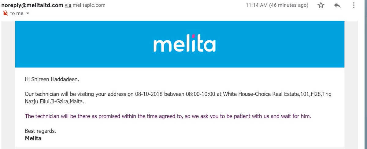 betshizelle's tweet photo. @MelitaMalta is this some kind of joke you play on your customers? Been waiting all morning for this phantom engineer to ring let alone turn up. Rang your agent said he would be on the way, lucky I checked my email to find out I was wrong. #badcustomerservice #CustomerExperience https://t.co/vIWFqZccJO