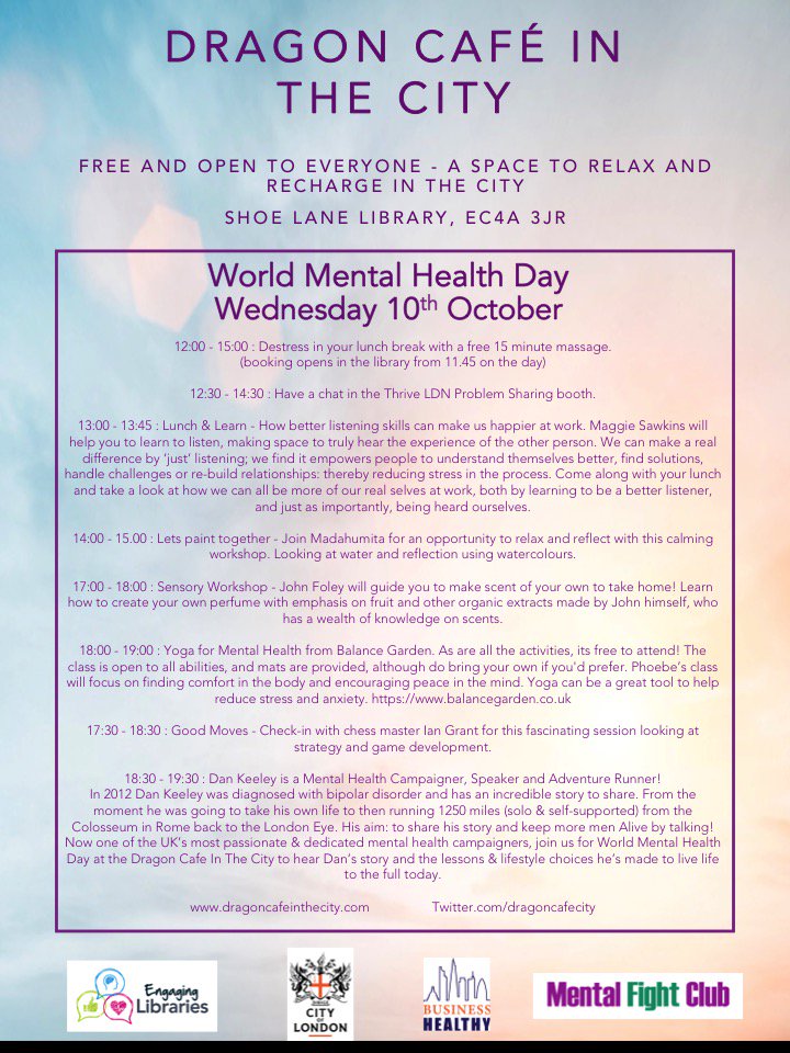 ShoeLaneLib's tweet photo. It's #WorldMentalHealthDay - come along to the @dragoncafecity in the #Library today. 
#librariesweek2018 https://t.co/3xJXTFrQV0