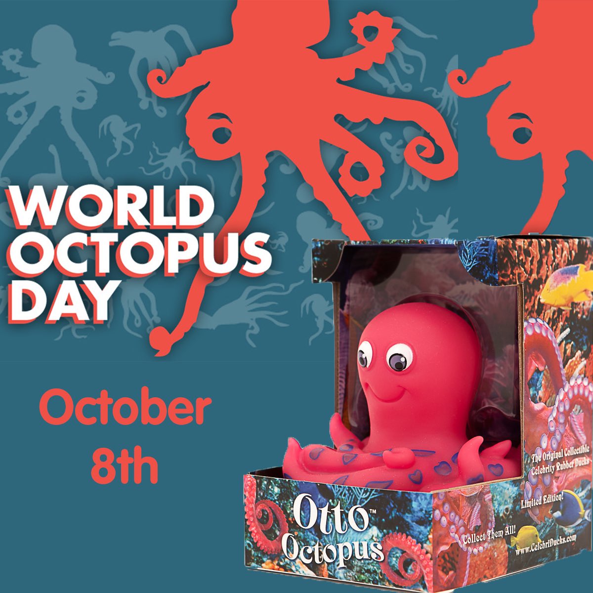 Bud Ducks on X: Interesting fact.. today is World Octopus Day!  CelebriDucks Otto Octopus is enjoying the spotlight for the day!  #worldoctopusday #cephalopod #celebriducks #reasonstobecheerful  #sayitwithaduck  / X