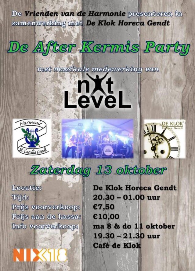 Zaterdag 13 oktober organiseren de Vrienden van de Harmonie weer de After Kermis Party bij <a href="/DeKlokGendt/">De Klok Gendt</a> . U komt toch ook?