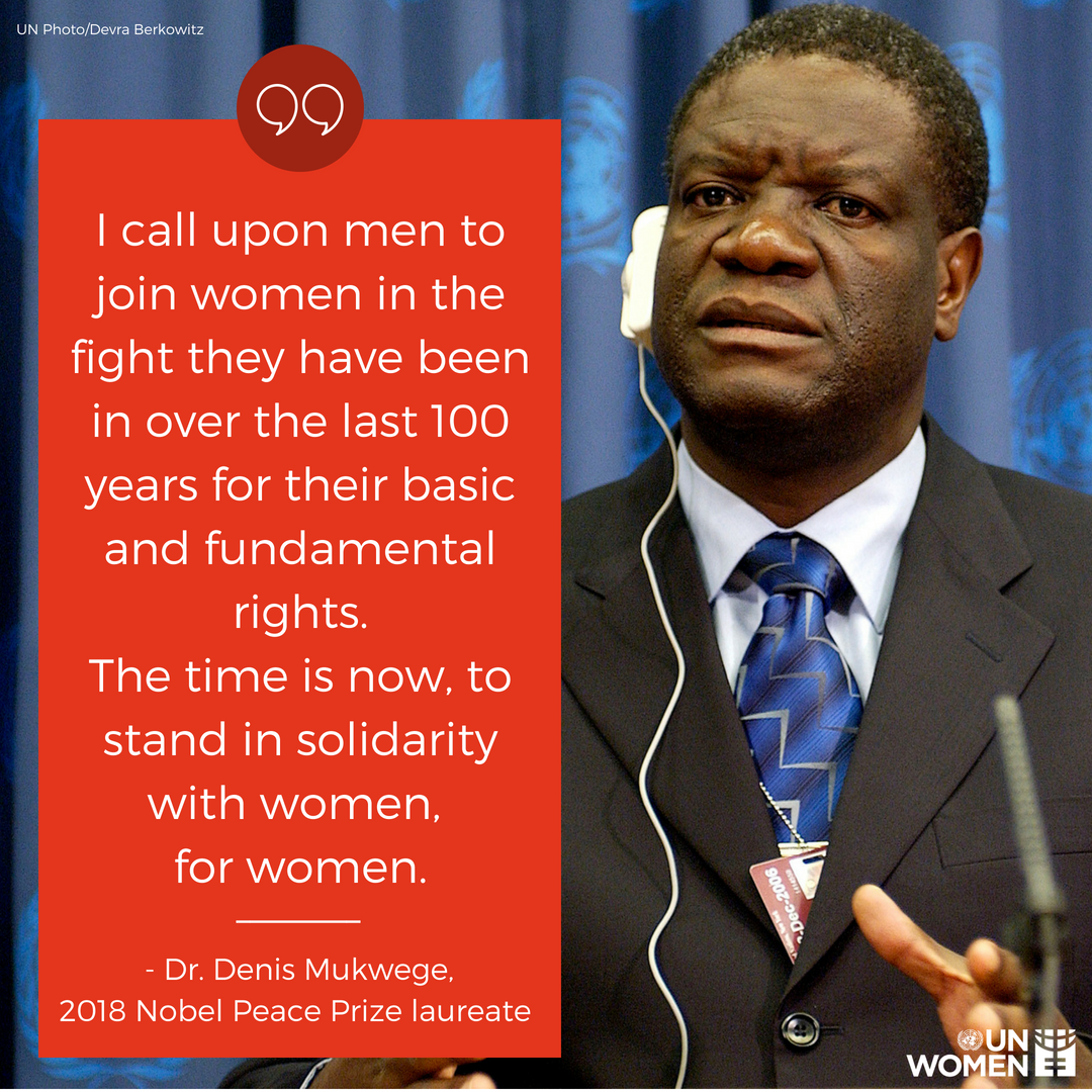UN_Women's tweet photo. #MondayMotivation from @DenisMukwege, 2018 #NobelPeacePrize laureate, who calls on all men to stand in solidarity with women &amp; #StandUp4HumanRights: https://t.co/6SFye4sB6Q