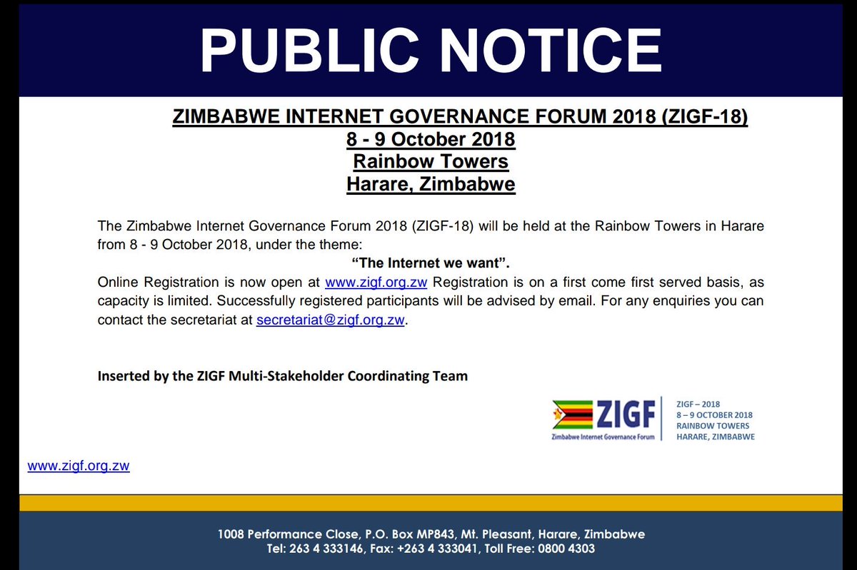 gbengasesan's tweet photo. The 2018 Zimbabwe Internet Governance Forum holds today and tomorrow in Harare, Zimbabwe. Follow #ZIGF2018 for updates @zigfonline https://t.co/VNdloEJAwd