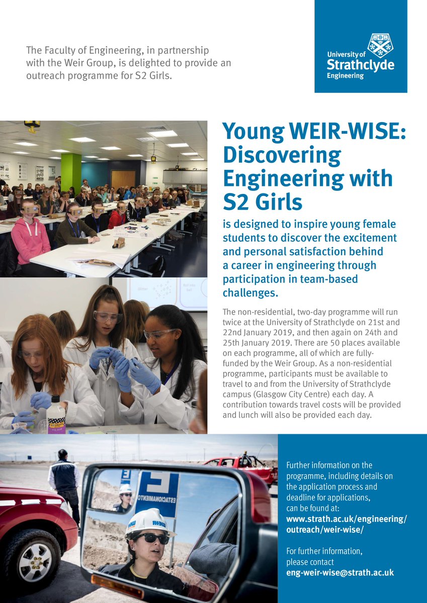 Applications are now OPEN for our Young Weir Wise programme, running January, and open to all S2 girls in Scotland, apply online now bit.ly/2QSceKX