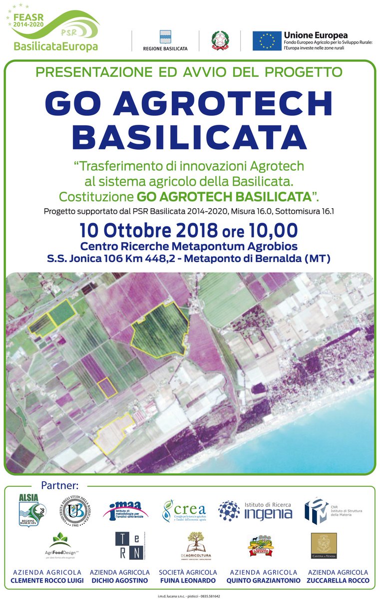 alsiasocial's tweet photo. 10 ottobre 2018, h 10.00, presso Centro Ricerche #Agrobios di #Alsia, incontro pubblico per l’avvio del Progetto GO #Agrotech Basilicata (Sottomisura 16.1 del #PSR Basilicata 2014-2020).
https://t.co/nH9uiSTRUM https://t.co/54rApCBPAs