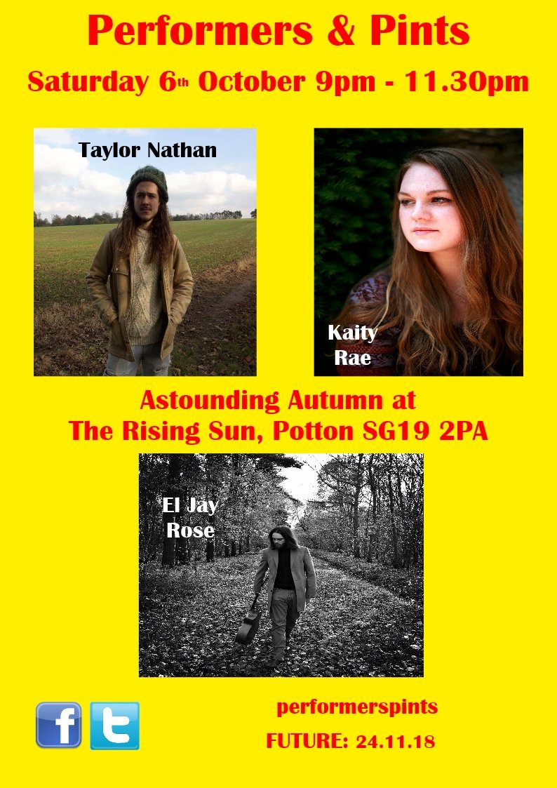 Performers & Pints (@performerspints) on Twitter photo Not long now, we are back <a href="/RisingSunPotton/">Rising Sun</a> tonight Saturday 6th October with three great Singer Songwriters with Taylor Nathan, <a href="/KaityRaeMusic/">Kaity Rae</a> & <a href="/ElJayAcoustic/">El Jay Rose</a> with the music starting at 9pm, more details including video tasters. Facebook Event Page Link = facebook.com/events/2459992… Not long now, we are back <a href="/RisingSunPotton/">Rising Sun</a> tonight Saturday 6th October with three great Singer Songwriters with Taylor Nathan, <a href="/KaityRaeMusic/">Kaity Rae</a> & <a href="/ElJayAcoustic/">El Jay Rose</a> with the music starting at 9pm, more details including video tasters. Facebook Event Page Link = facebook.com/events/2459992…