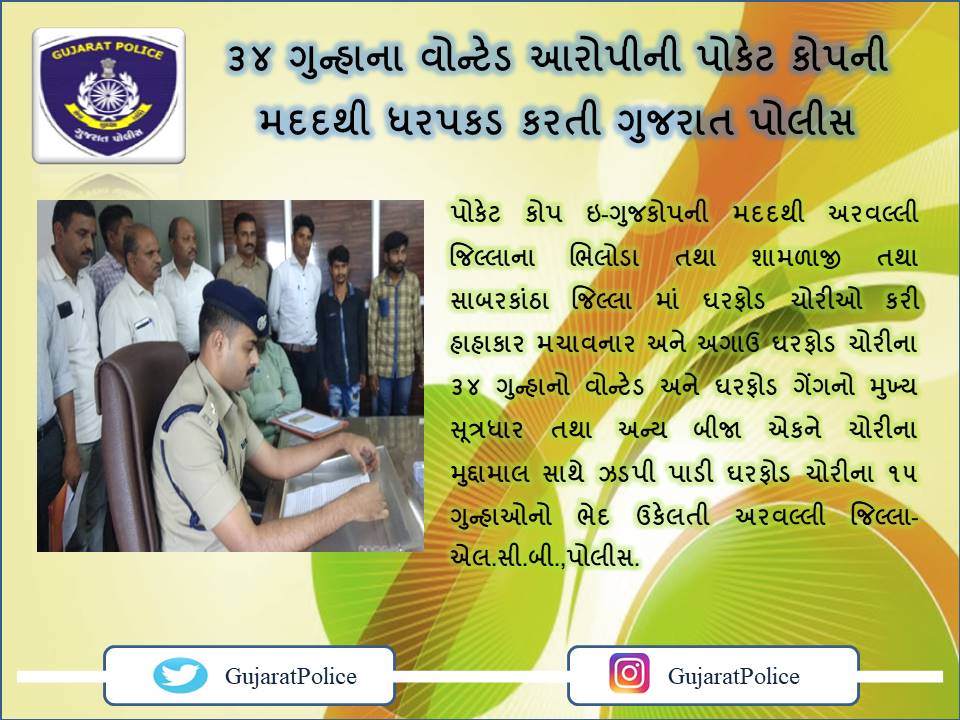 GujaratPolice's tweet photo. ગુજરાત સરકારના પ્રોજેક્ટ પોકેટ-કોપની મદદથી ૩૪ ગુન્હાના વોન્ટેડ આરોપીને ઝડપવામાં ગુજરાત પોલીસને મળી ભવ્ય સફળતા.
#Pocketcop
#CitizenFirst
#GujaratPolice https://t.co/DBQDMjzMzh