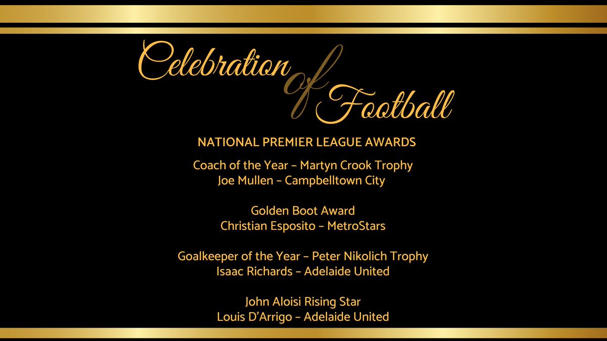 FootballSouthAu's tweet photo. Goalkeeper of the Year - Isaac Richards (@aufc_YouthTeam) 

Golden Boot Winner - Christian Esposito (@NE_MetroStars) 

John Aloisi Rising Star Award Louis D’Arrigo (@aufc_YouthTeam)  

Martyn Cook Coach of the Year Trophy Winner - Joe Mullen (@campbelltowncsc 

#COF2018 #NPL https://t.co/e4Ns6RoVA0