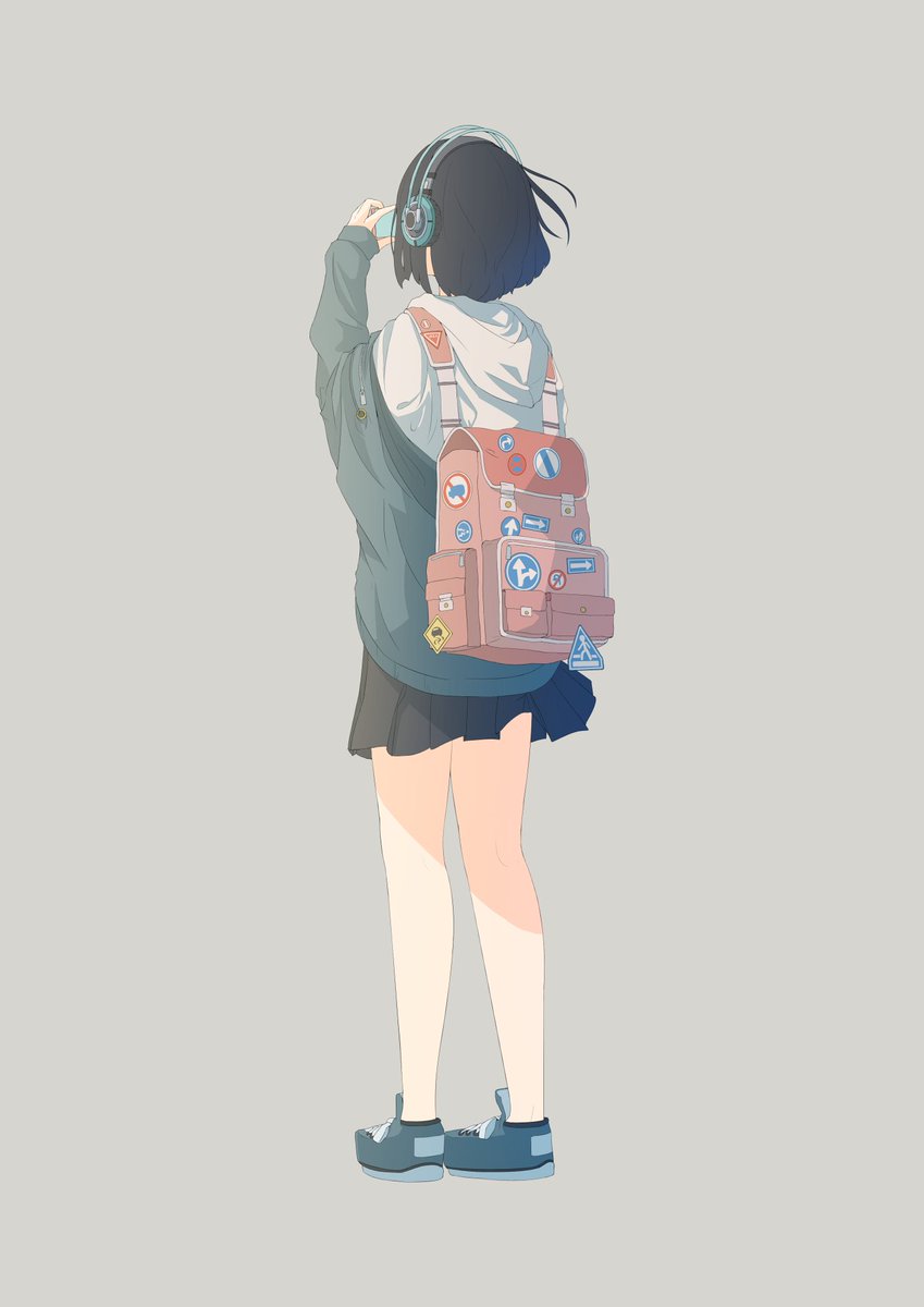 1girl solo skirt backpack headphones simple background black hair  illustration images