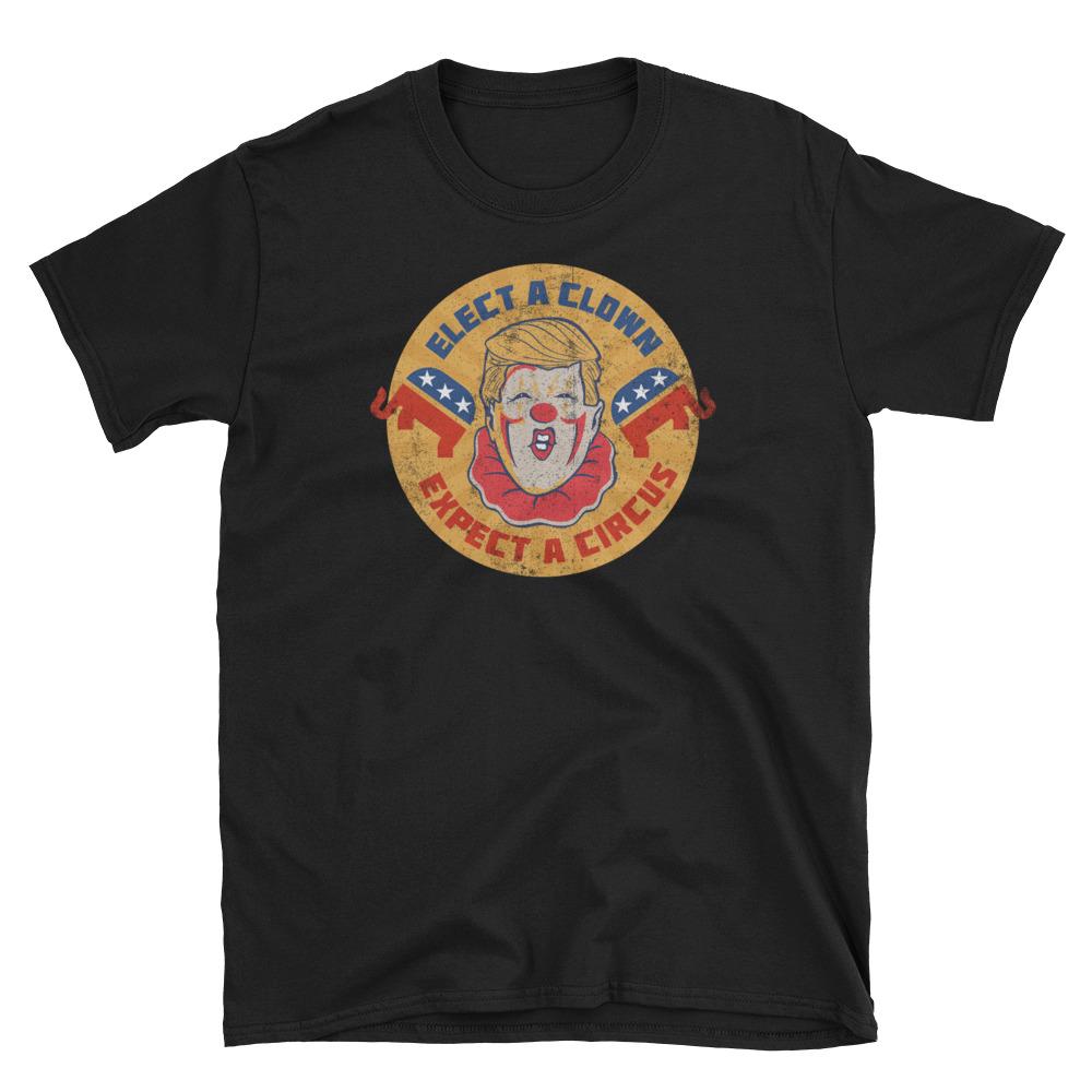 Splurga_life's tweet photo. Elect a clown, expect a circus. 'We know shirts. We made the best one.' said Trump. (Seriously. ok, not  really.) Don't be like the other losers! Only by wearing this shirt will you be #winning. #Trump #potus #potustrump #joker #darkknight #antiTrump https://t.co/jrk8eUQT4v https://t.co/2TdczY1zKf