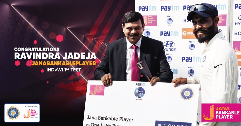 janabankable's tweet photo. Congratulations @imjadeja on winning  #JanaBankablePlayer of the Match for a brilliant maiden test ton &amp; 4 wickets taken! #INDvWI #TeamIndia @BCCI https://t.co/ckTJWdTRET