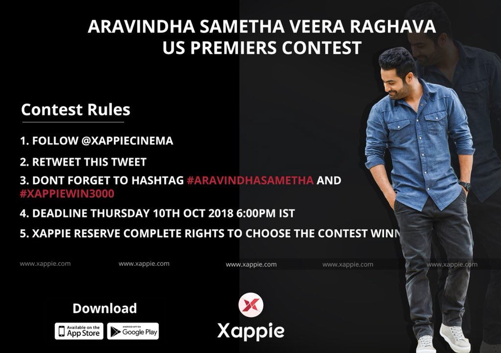 XappieWorld's tweet photo. Predict &amp; Win #ContestAlert

Follow @xappiecinema to win Rupees 3000/- Paytm cash.

All you have to do is Guess #AravindhaSametha USA Premieres Gross. Closest guess of Premier number will be the winner. #AravindhaSamethaOnOct11th @tarak9999 @hegdepooja 

Checkout the Rules Below: https://t.co/TSxf5v9Roq