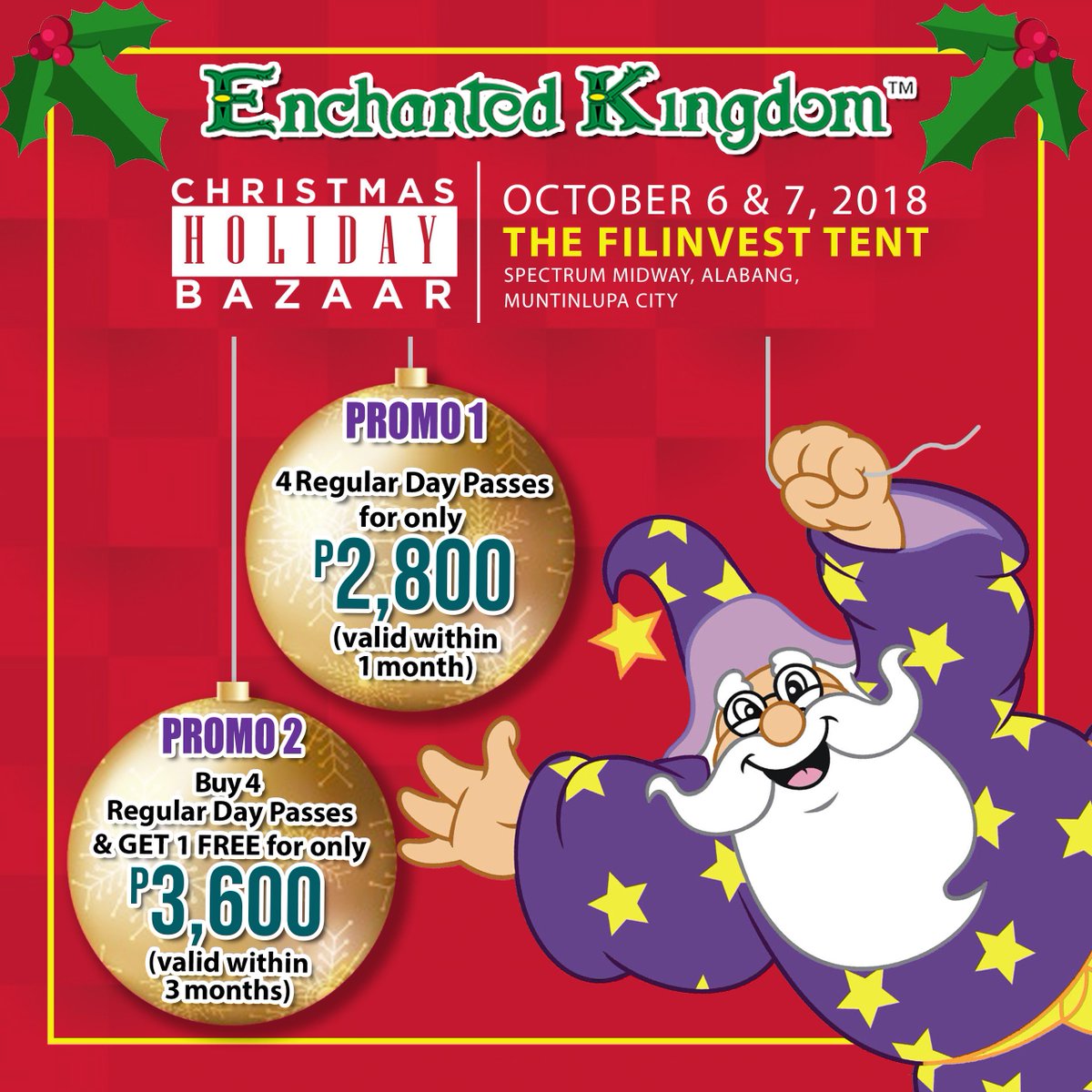 ek_philippines's tweet photo. Start your Christmas shopping early and #CatchEldar today and tomorrow, October 6 and 7, 2018, at the Christmas Holiday Bazaar at the Filinvest Tent in Alabang! Avail of these promos and treat your family this holiday season to #EnchantedKingdom! 🎄
#iloveEK #offsitepromos https://t.co/XKEXfhDtjc