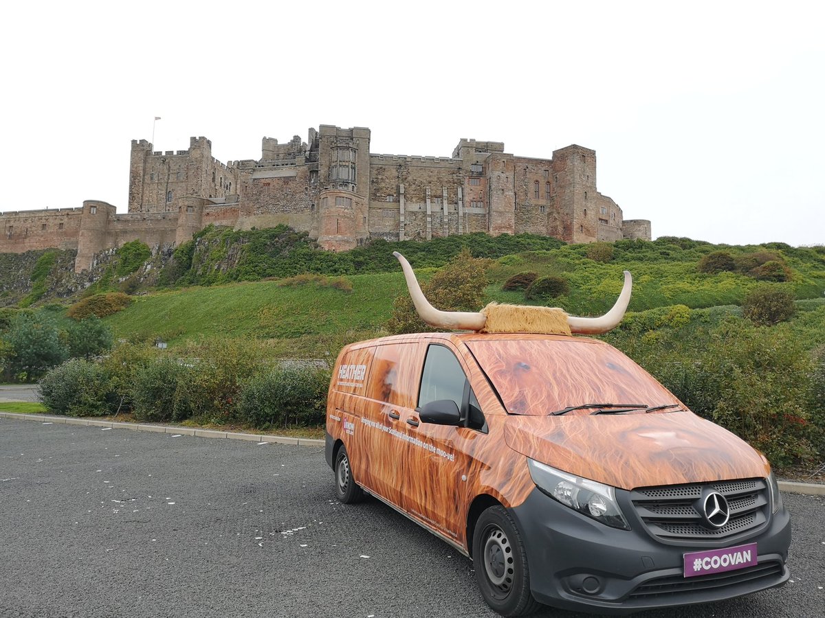 DiaryofaCooVan's tweet photo. Today Heather the #CooVan is at @Bamburgh_Castle. 
Super excited to be in England and chatting to visitors. https://t.co/yzu9oUogMT
