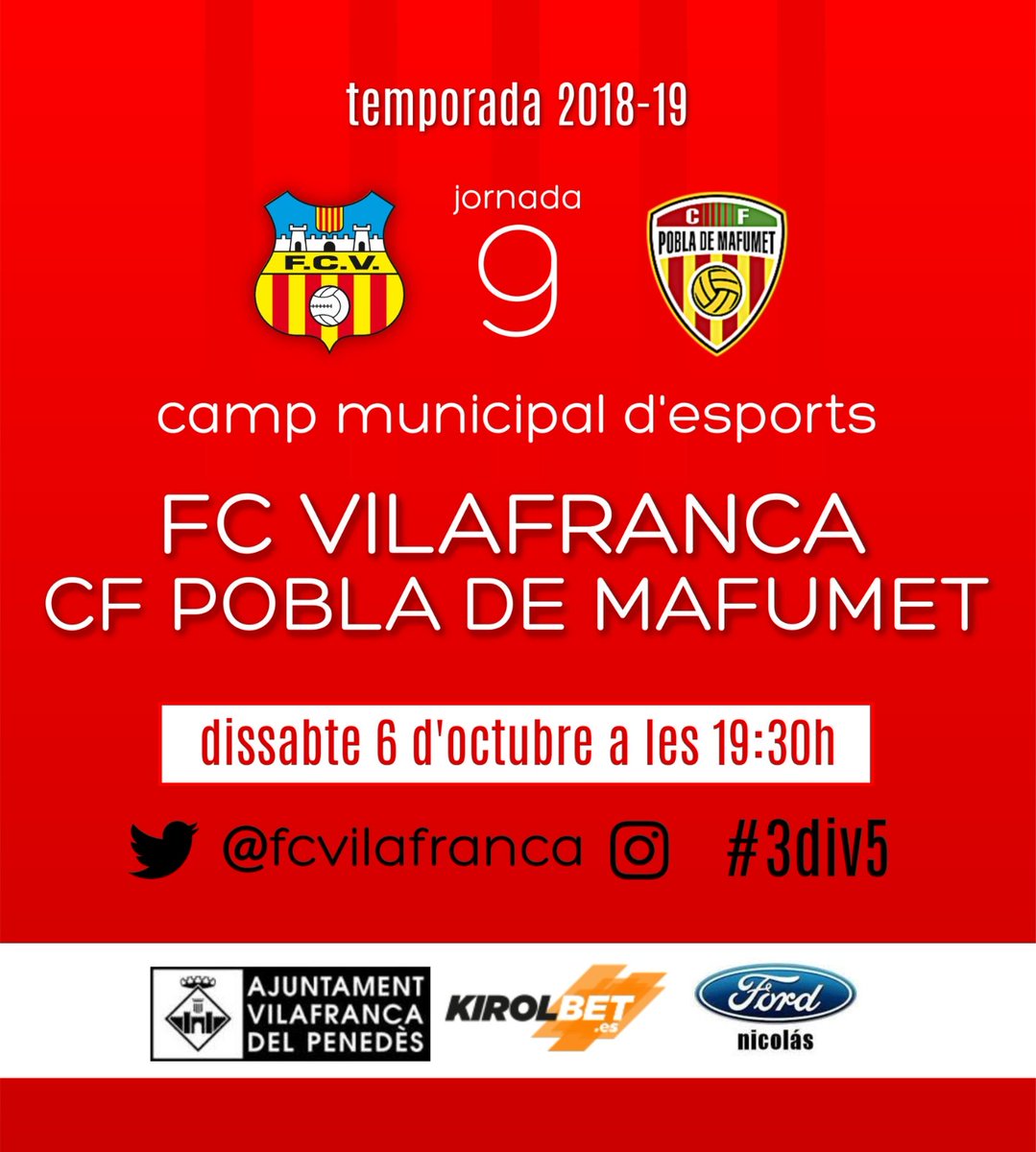 FCVilafranca's tweet photo. Recordeu que avui hi ha partit!!!
@FCVilafranca vs @CFPoblaMafumet a les 19.30h 
El nostre canvi d'horari és perquè TOTS els que volen anar demà al #ConcursTGN18 també puguin venir TOTS avui a recolzar l'equip!!!
Què us sembla la proposta? Us esperem!!! #3div5 #ForçaVila https://t.co/jA657fWQfj