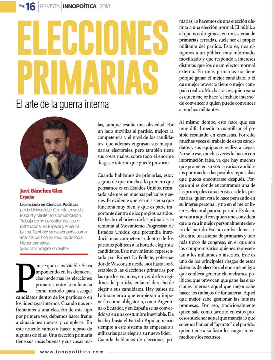javisanchezglez's tweet photo. Este mes colaboro en la revista @InnopoliticaRev hablando de la guerra que supone cualquier elección primaria. 
Gracias por la invitación. https://t.co/Wdp5M0DPjh