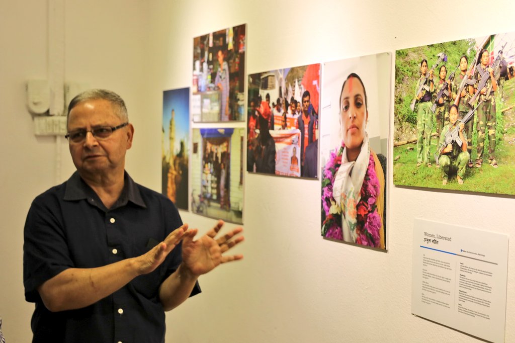 MTJNepal's tweet photo. National Human Rights Commission Chair Anup Raj Sharma visited the exhibition @NepalNHRC Meanwhile, Ram Bhatta, first injured of People's War, got chance to meet Mr Sharma. Bhatta has never received any support or recognition so far #Nepal #mtj2018 #Memorymatters #Memory2action https://t.co/4Q6NW62aeZ