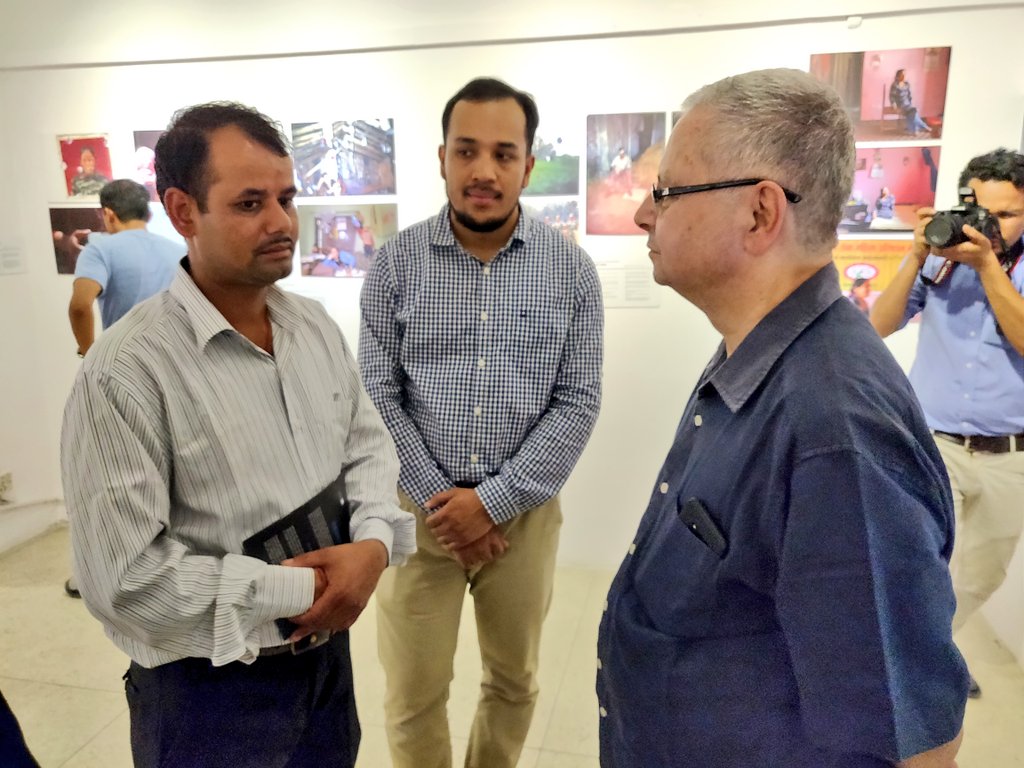 MTJNepal's tweet photo. National Human Rights Commission Chair Anup Raj Sharma visited the exhibition @NepalNHRC Meanwhile, Ram Bhatta, first injured of People's War, got chance to meet Mr Sharma. Bhatta has never received any support or recognition so far #Nepal #mtj2018 #Memorymatters #Memory2action https://t.co/4Q6NW62aeZ