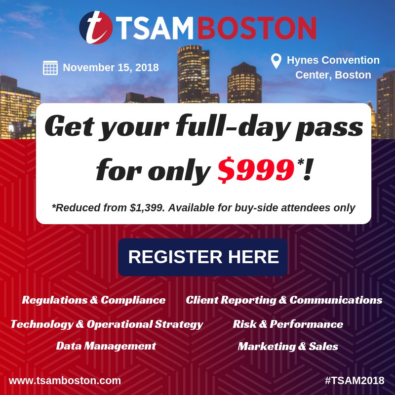Foxon_Media's tweet photo. Get your #TSAM2018 Boston pass for only $999 now! https://t.co/LeDuQgwmru Here you will learn from #assetmanagement experts @StateStreet @Manulife @Ivy_Investments @WellsFargo @LibertyMutual @edmcouncil @VoyaInvestments  &amp; more - with plenty of #networking opportunities too! https://t.co/h1FMYhCfUX