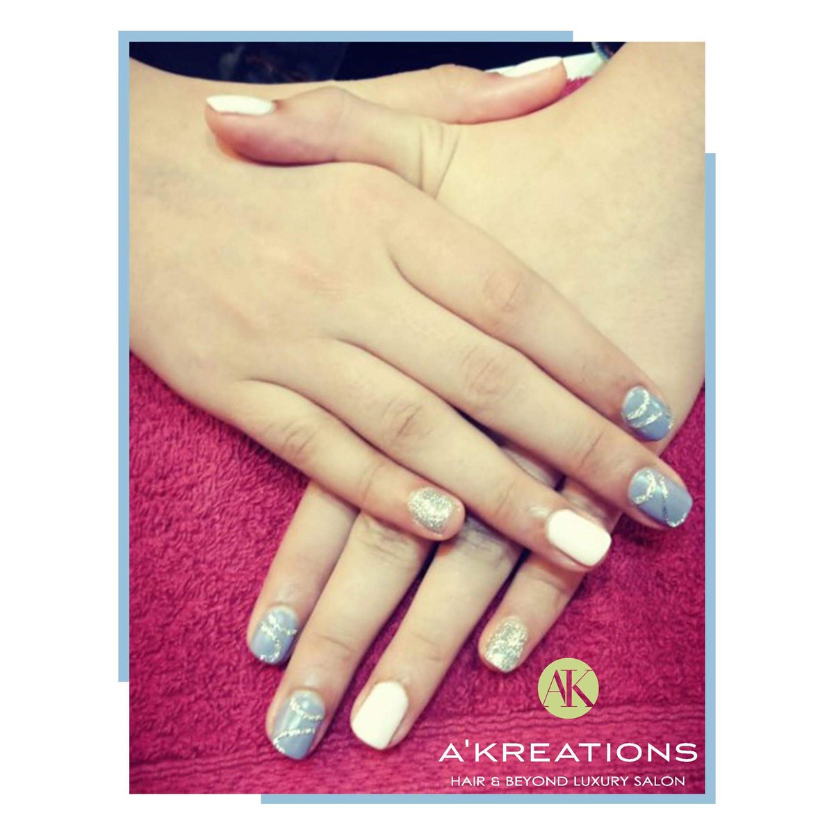 AKreationsIndia's tweet photo. Combining sky blue and gold glitter to design this shimmering and elegant nail art. Nail artwork by Nail Artist #WonchuiVarah at A Kreations Hair and Beyond.
Call us on 7208999911
https://t.co/3xL8fACa16
#akreationsindia #nailexperts #nailtechnician #nailartdesign #trendynailart https://t.co/oon6OZFqrX