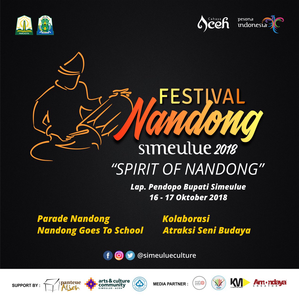 simeulueculture's tweet photo. @aceh_disbudpar presents :
Festival Nandong Simeulue 2018 "spirit of nandong"
16-17 oktober 2018 di tribun pendopo bupati kab. simeulue
- Parade Nandong
- Nandong Goes To School
- Atraksi Budaya
- Kolaborasi
follow us
fb : https://t.co/9UULmiBQdD
ig : https://t.co/a0udeIhPut https://t.co/9izCvjkwNH