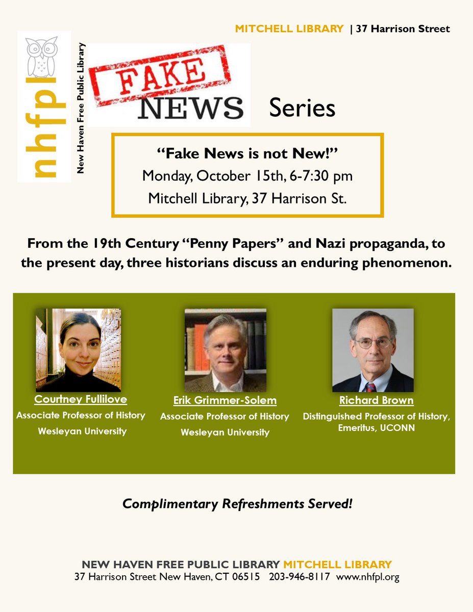 October 15: #History of #FakeNews <a href="/CTHumanities/">CT Humanities</a> <a href="/HumFed/">humfed</a> <a href="/NHFPL/">NHFPL</a> in #NewHaven w/ <a href="/fullilovenotes/">Courtney Fullilove</a> &amp; E. Grimmer-Solem <a href="/wesleyan_u/">Wesleyan University</a>
<a href="/CThistorynews/">CT History News</a>
<a href="/RichardDBrownCT/">Richard D. Brown</a> <a href="/UConnHistory/">UConn History Dept</a> <a href="/UConn/">UConn</a>
books:
"Idea of an Informed Citizenry" @uncpressblog
"Knowledge Is Power" @OUPHistory
this @YalePress
