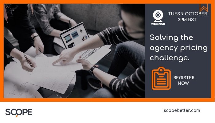 ScopeBetter's tweet photo. Brands are increasingly requesting ‘deliverable pricing’. This can mean major changes in the way teams scope and price work. Join CFOs and #agencyleaders in discussing the issues but, more importantly, a solution. https://t.co/N2xnQrswHh  #scopebetter https://t.co/T9EBYJEb0c