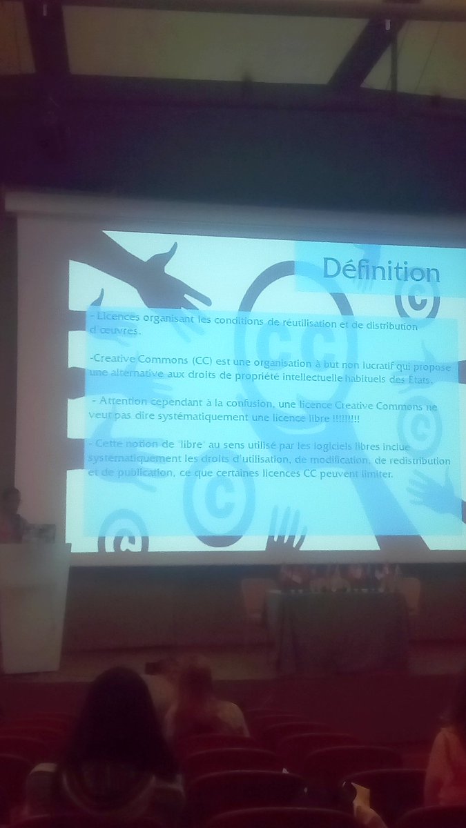 siganelie's tweet photo. "Creative commons ne veut pas dire systématiquement libre de tout droit" Samir. #WikiConvFR #WikiconvFr2018 #Grenoble2018 #CC https://t.co/A1uUGxAszZ