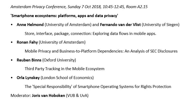 jorisvanhoboken's tweet photo. Looking forward to moderating tomorrow's panel and discussion on 'smartphone ecosystems: apps, platforms and data privacy' at #APC2018 with fantastic multi-disciplinary line-up of speakers @silvertje @fvandervlist @lynskeyo @RDBinns and Ronan Fahy @ivir_uva 10:45-12:45 Room A2.15 https://t.co/XtMe7lPOzb