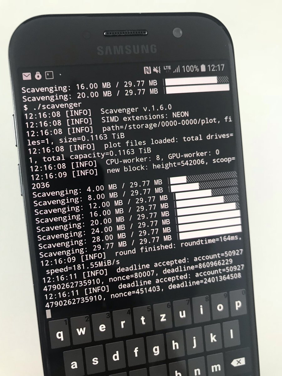 PoC_Consortium's tweet photo. Regular (not just some academic concept) $Burst mining with your mobile phone! Thanks to PoCC member Johnny (@DeluxeDonny) and Scavenger 1.6 soon to come. 📱 https://t.co/4TNRx9SO8Y