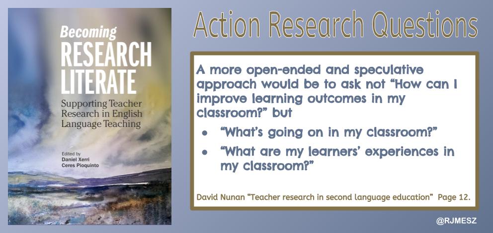 rjmesz's tweet photo. David Nunan offers some great questions for #actionresearch that teachers can explore in reflective journals. Try using a smart pens/notebook to save time and easily document ideas during class. Helps identify reoccurring themes later too. #ELT #TESOL @ETAS_CH @danielxerri https://t.co/oopWDi8JT3