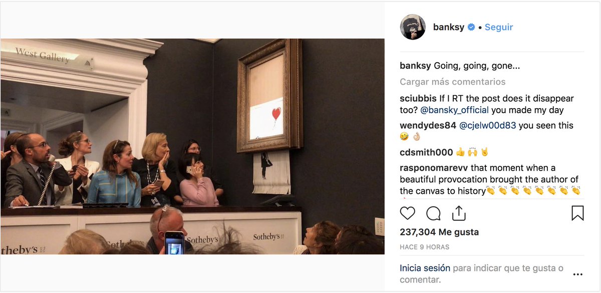 Hugo_saez's tweet photo. Banksy en Instagram acumula ya más de 230.000 me gustas y 5.000 comentarios con la imagen de los asistentes a la subasta y los empleados de Sotheby’s contemplando su obra destruirse. 

"Going, going, gone" https://t.co/LZ0eW4DAdI