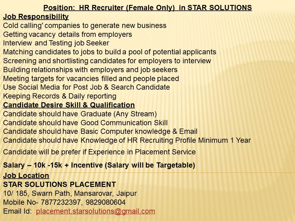 STARSOLUTIONS3's tweet photo. We have Job opening for HR Recruiter in Our Office at Mansarovar, Jaipur
Contact at
#STARSOLUTIONS
10/185, Near Nagar Nigam Park
Swarn Path, Mansarovar
Jaipur, Rajasthan-302020
Contact No: 9829080604
Email Id: placement.starsolutions@outlook.com https://t.co/m55Oq3kvW3