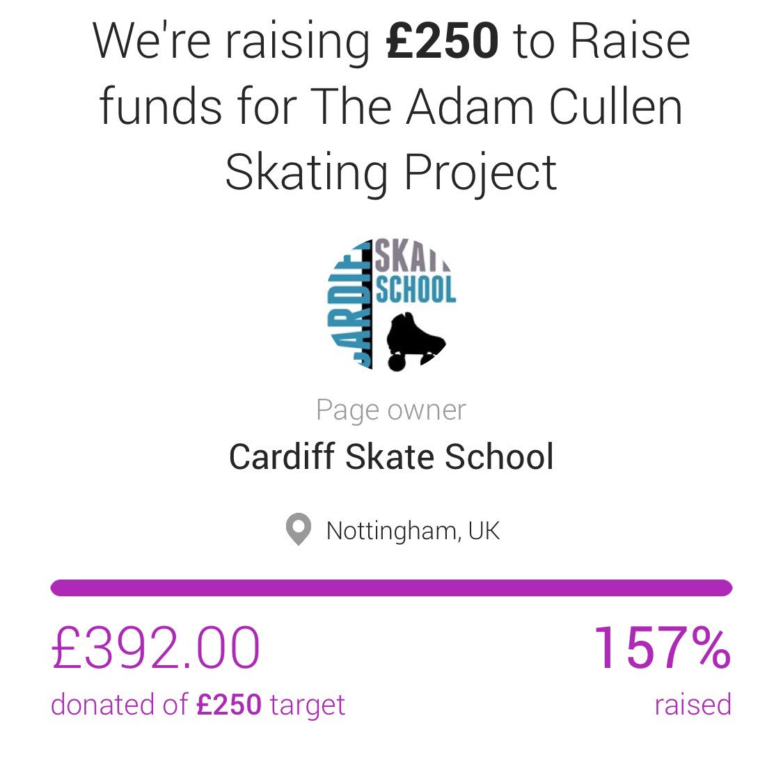 We have raised a massive £392 for The Adam Cullen Skating Project

THANK YOU!! Overwhelmed by the support. Now for me to do my bit tomorrow 😱 I can’t wait 😊 #RunTheDiff #CardiffHalf #theadamcullenskatingproject # #disabledsports #disabilityispossibility
