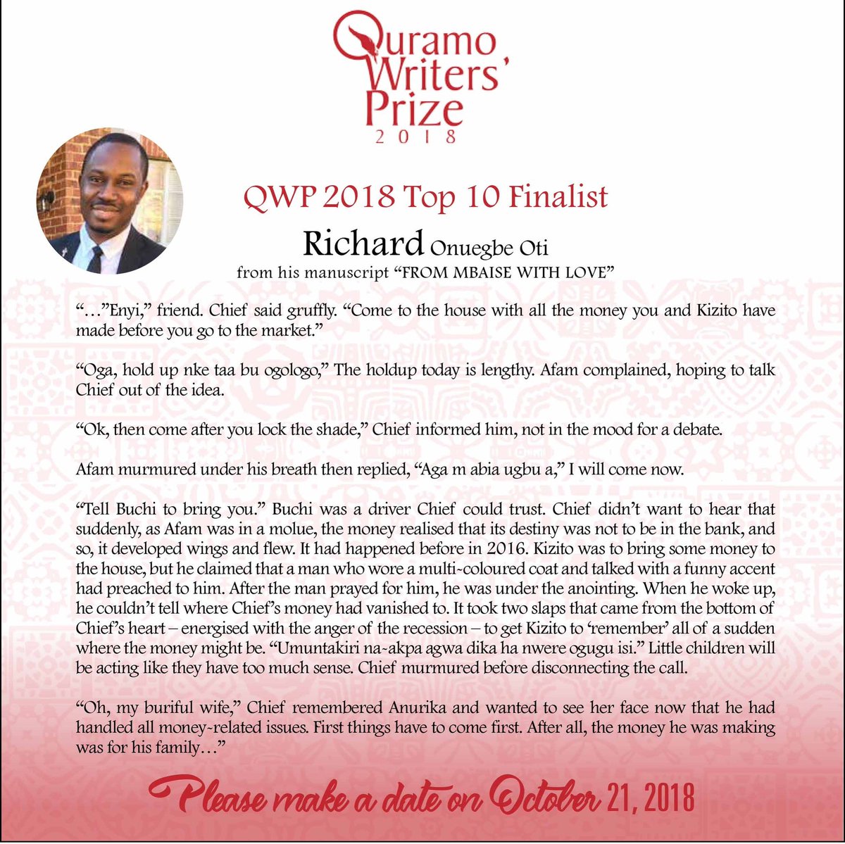 quramoofficial's tweet photo. This next excerpt  is from the manuscript "From Mbaise With Love" by Richard Oti. His story tells of a young Nigerian love coach who wants to help people find the kind of love that stands the test of time.
.
#quramowritersprize #qwp2018 #writers #top10 https://t.co/ovnDgqCExR