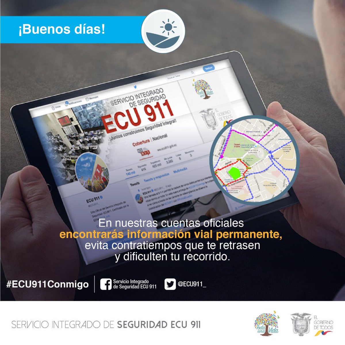 ¡Buenos días¡ Antes de emprender su viaje revise en nuestras redes sociales el estado de las vías de nuestro país. #ECU911Conmigo #ViajoSeguroEc