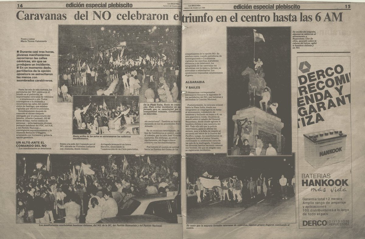 Chile_1988's tweet photo. Informa @la_segunda que hasta las 6 de la mañana celebraron en Santiago las caravanas del #NO, sin ser reprimidas por las fuerzas policiales. https://t.co/pnPNbjMhXQ