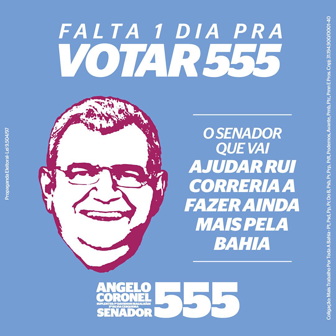 angelocoronel_'s tweet photo. É amanhã!! Falta só 1 dia pra Bahia confirmar o 555!
Conto com o seu voto, para trabalhar ao lado de @jaqueswagner e @ottoalencar no Senado, para ajudar @costa_rui a fazer muito mais pela Bahia!
#AngeloCoronel555 #Wagner130 #Rui13 #Haddad13 #TimeDoTrabalho https://t.co/5LIfpH7hbx