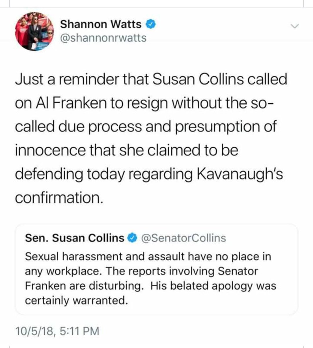 lmlazaroff's tweet photo. @SenatorCollins remember this?  How is Kavanaugh different?  We had hope in you, don’t be a hypocrite https://t.co/4RgGPHnTWJ