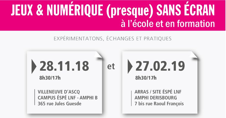 DIU_APLJ's tweet photo. Journée d'études : Jeux numériques sans écran (ou presque).
Réservez vos dates les 28 Novembre 2018 à Lille et le 27 Février 2019 à Arras !
#Jeux #Seriousgame #APLJ #Pedagogie https://t.co/XMEDlIz9Nc