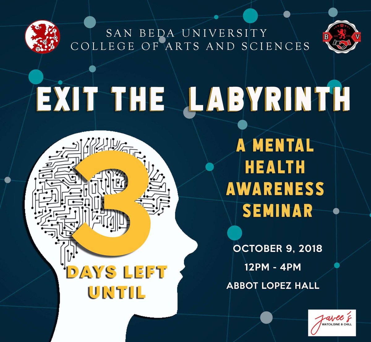 ssha_sbu's tweet photo. AN EGRESS THAT YOU SHOULD NOT MISS!

72 hours left before the most anticipated escape to the tortuous labyrinth of mysterious mental health. Be cognizant of your totality and be secured of who you are. 

October 9, 2018. 12PM to 4PM. Conference Hall. 

See you there, Bedans! https://t.co/wCHG6cPILh