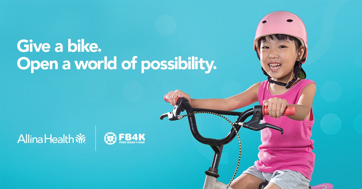 AllinaHealth's tweet image. Join us TODAY and help turn a dusty bike into a shiny smile. Donate a new or gently used adult or child bike. Give a bike. Open a world of possibility. allina.com/fb4k