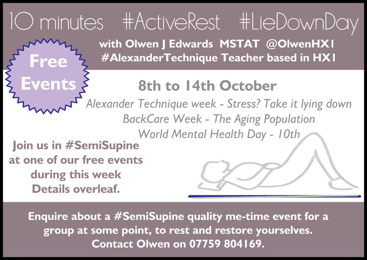 OlwenHX1's tweet photo. Stress? Take it lying down daily for 5 to 10 minutes.
In #ATW2018 we'll show you how.
Lots of lying down in #AlexanderTechnique
#SemiSupine goes on in my room @ElsieWhiteley in order to de-stress have #ActiveRest
#ConstructiveRest to rest, restore and activate our #ResetButton. https://t.co/mP6fd0LCUU