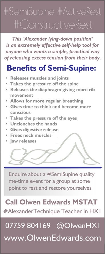 OlwenHX1's tweet photo. Stress? Take it lying down daily for 5 to 10 minutes.
In #ATW2018 we'll show you how.
Lots of lying down in #AlexanderTechnique
#SemiSupine goes on in my room @ElsieWhiteley in order to de-stress have #ActiveRest
#ConstructiveRest to rest, restore and activate our #ResetButton. https://t.co/mP6fd0LCUU