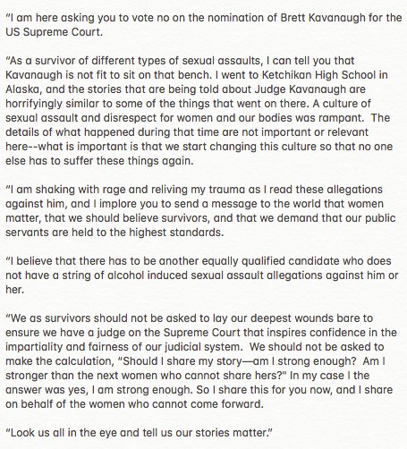 reproforall's tweet photo. NARAL member Jennifer, MA: #DearSenators: “We as survivors should not be asked to lay our deepest wounds bare to ensure we have a judge on the Supreme Court that inspires confidence in the impartiality and fairness of our judicial system.” #StopKavanaugh #BelieveSurvivors https://t.co/WLBRL9TauU